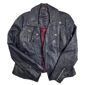 Tommy Hilfiger Navy Burgundy Pleather Zipper Biker Jacket Women's Size Small